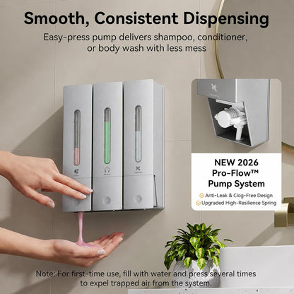Shampoo and Conditioner Dispenser - Wall-Mounted 3-Chamber Shower Soap Dispenser, No-Drill, 1200ML Capacity, for Bathroom & Hotel