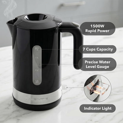 OVENTE 1.8L Electric Kettle with 1500W Fast Boiling Heater, Black KP413B | Best For Coffee or Tea, BPA-Free, Easy-Fill Lid, Water Level Window, Auto Shut-Off & Boil-Dry Protection, Removable Filter