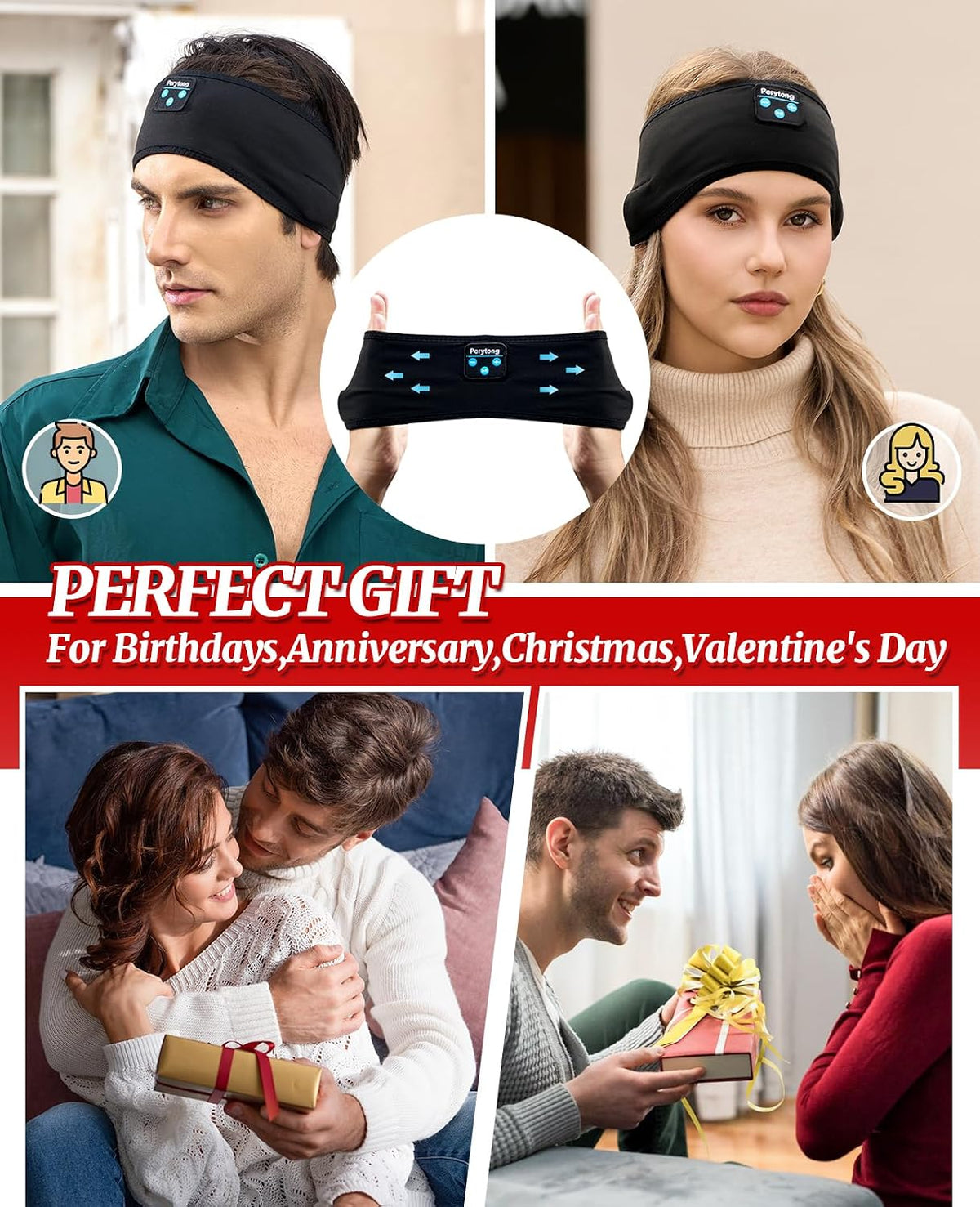 Perytong 2 Pack Sleep Headphones, Sleeping Headphones | Bluetooth Headband with Ultra-Thin HD Stereo Speaker, Wireless Headphone for Sports, Insomnia, Yoga, Air Travel, Meditation