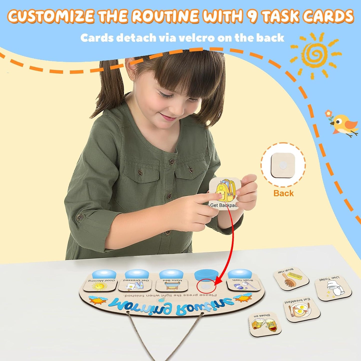 Upgraded Morning Routine Chart for Toddlers, Visual Schedule Chart | to Do List with 5 Tap Lights & 9 Activity Cards, Wooden Schedule Board for Kids, Preschoolers, Autism, ADHD Tools