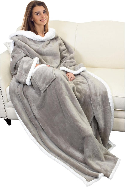 Catalonia Sherpa Wearable Blanket with Sleeves and Pocket for Adults