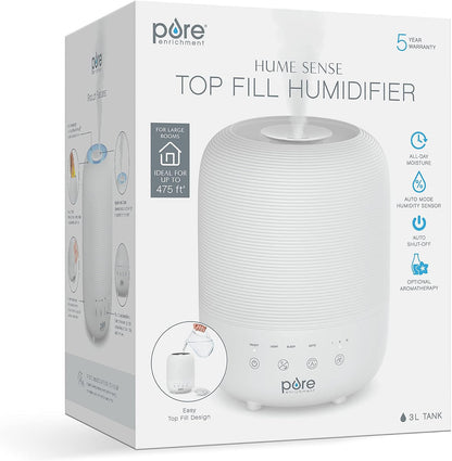 Pure Enrichment® HUME™ Sense Top Fill Humidifier – Large 3L Tank, Auto Mode Humidity Sensor, 3 Mist Settings, Optional Night Light, Optional Aromatherapy, Sleep Mode & Auto Shut-Off