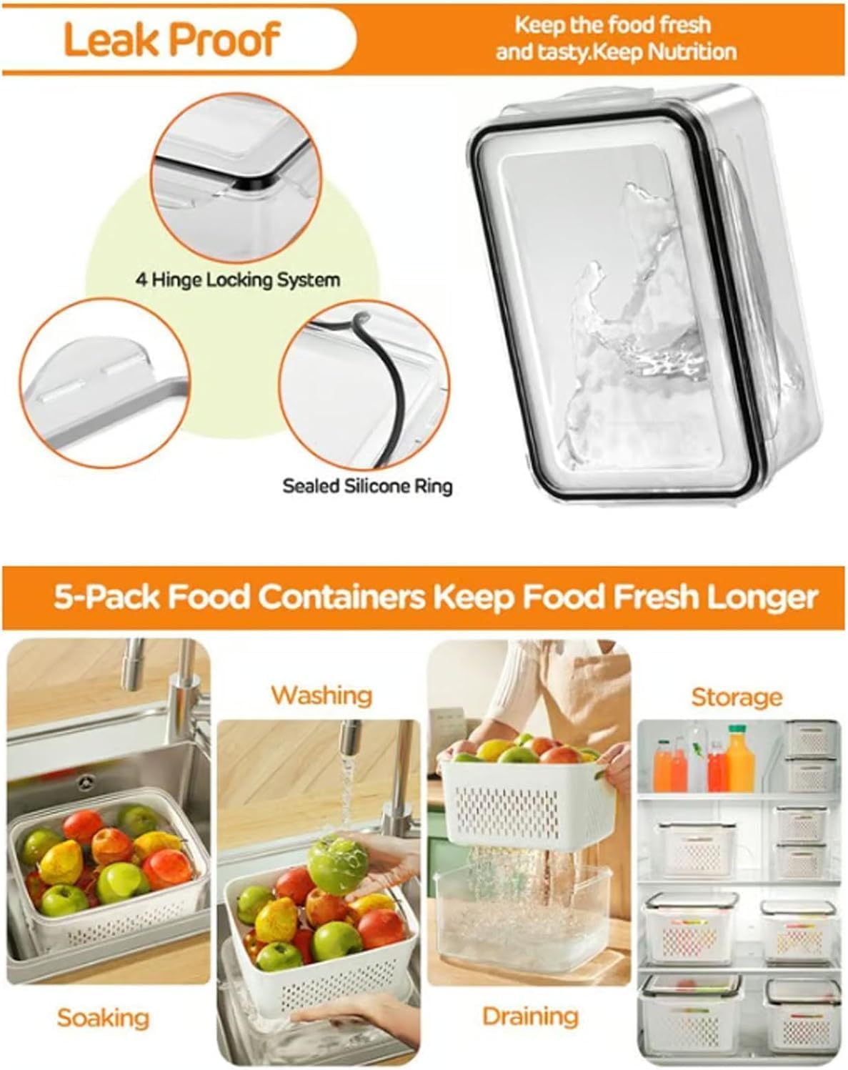 4 in 1 Food Storage Container with Lid, 2026 New Fruit Storage Containers for Fridge, Transparent Produce Storage Box with Drain Basket & Removable Colander for Salad Berry Vegetables (Blue, S/M/L)