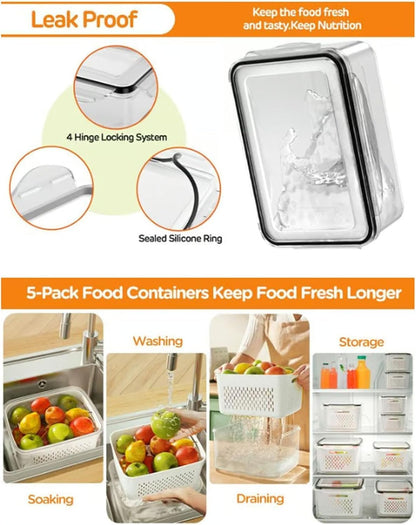 4 in 1 Food Storage Container with Lid, 2026 New Fruit Storage Containers for Fridge, Transparent Produce Storage Box with Drain Basket & Removable Colander for Salad Berry Vegetables (Blue, S/M/L)