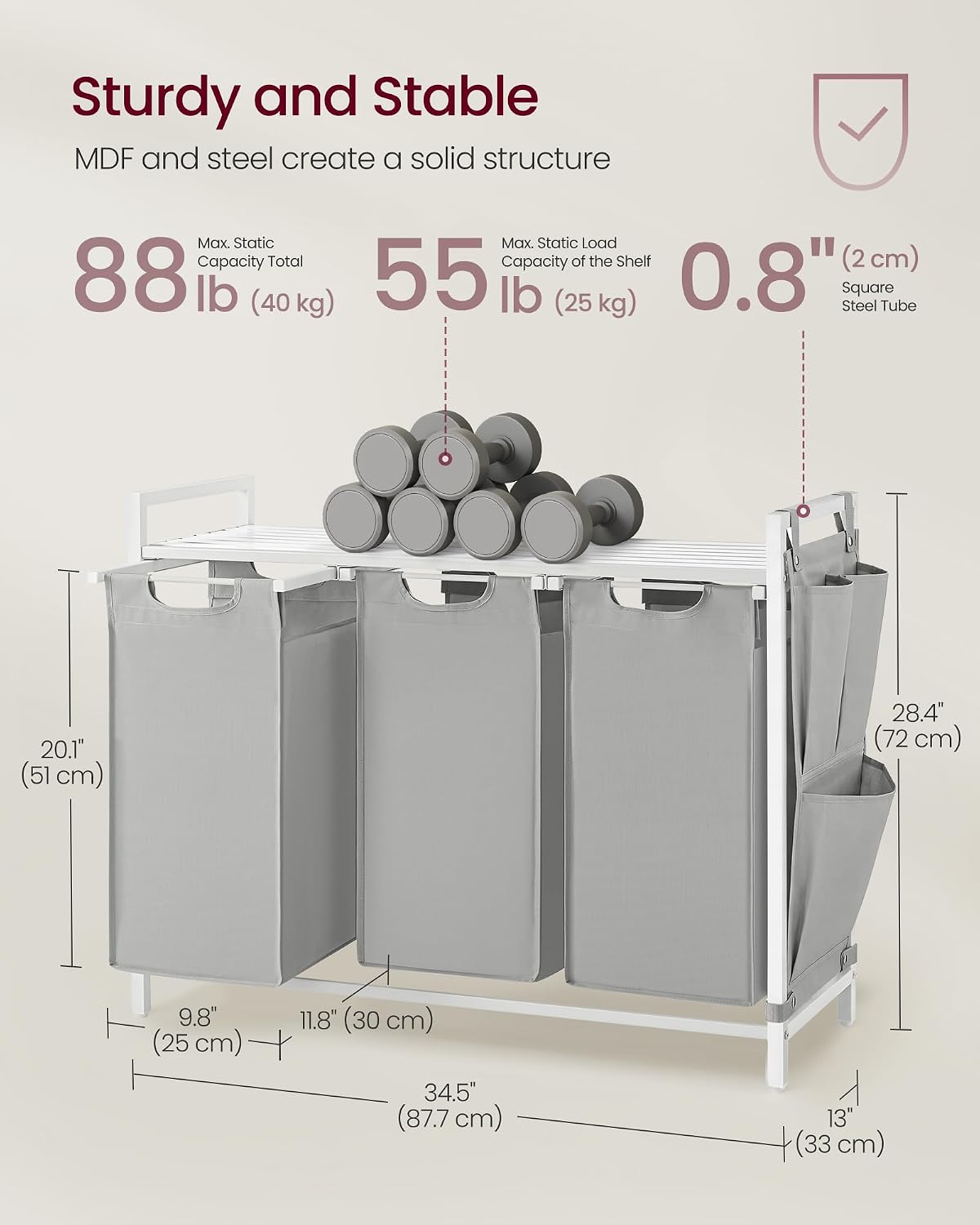 VASAGLE Laundry Hamper, Laundry Basket Sorter with 3 Pull-Out and Removable Bags, Shelf, Metal Frame, 3 x 10.6 Gallons (40 L), 36.4 x 13 x 28.4 Inches, Cappuccino Beige and Natural Beige UBLH301LH01