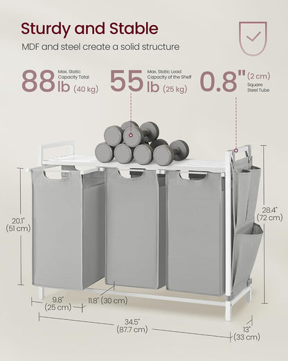 VASAGLE Laundry Hamper, Laundry Basket Sorter with 3 Pull-Out and Removable Bags, Shelf, Metal Frame, 3 x 10.6 Gallons (40 L), 36.4 x 13 x 28.4 Inches, Cappuccino Beige and Natural Beige UBLH301LH01