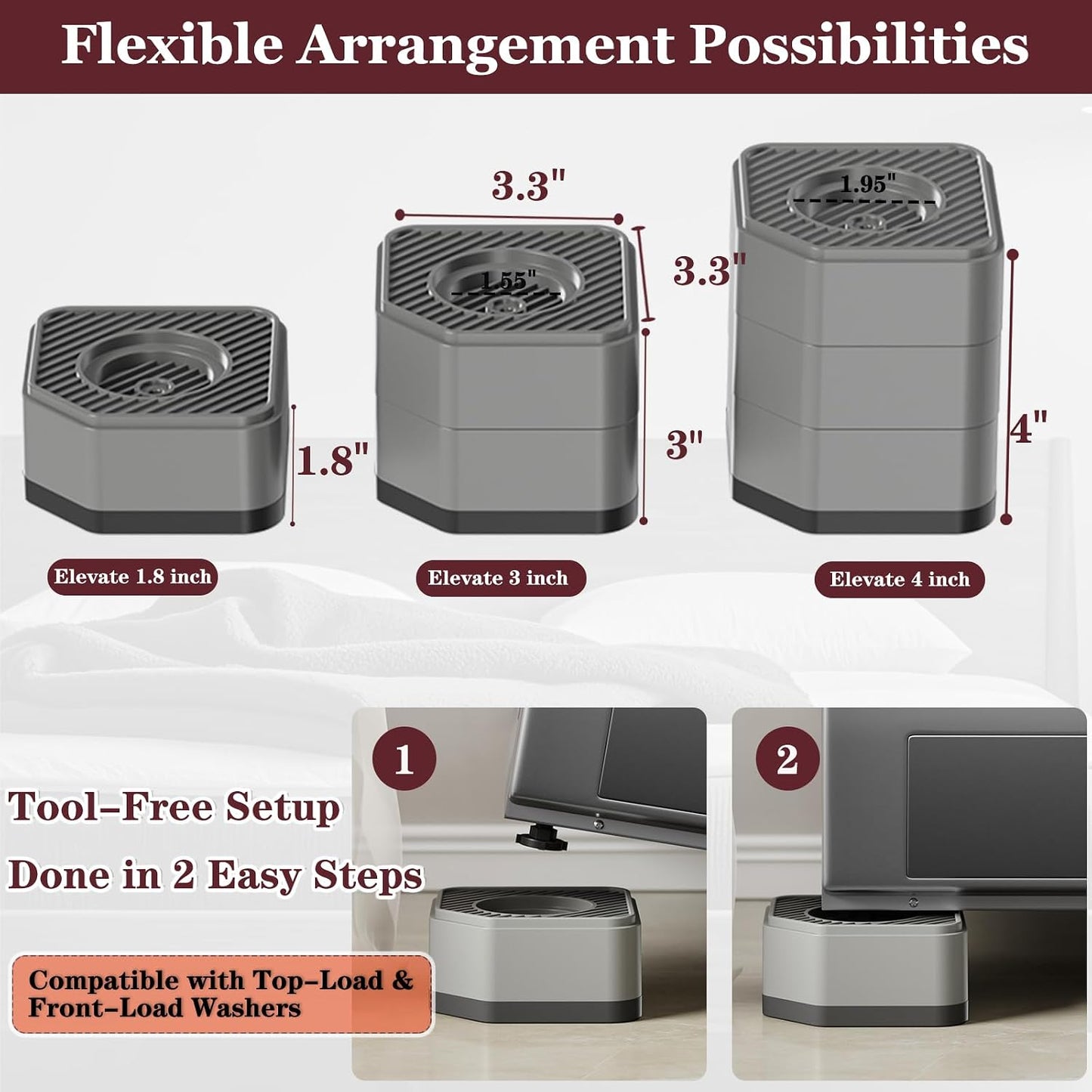 Anti Vibration Pads for Washing Machine, 1.8/3/4 Inch Washer Dryer Height Risers with Non-Slip Rubber Feet, Heavy Duty Anti Vibration Pads for Laundry Appliances(Grey 4 Pack, 3 inch)