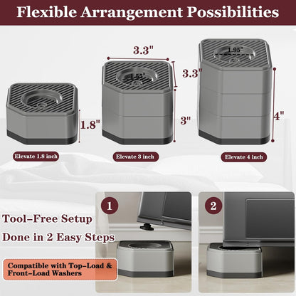 Anti Vibration Pads for Washing Machine, 1.8/3/4 Inch Washer Dryer Height Risers with Non-Slip Rubber Feet, Heavy Duty Anti Vibration Pads for Laundry Appliances(Grey 4 Pack, 3 inch)
