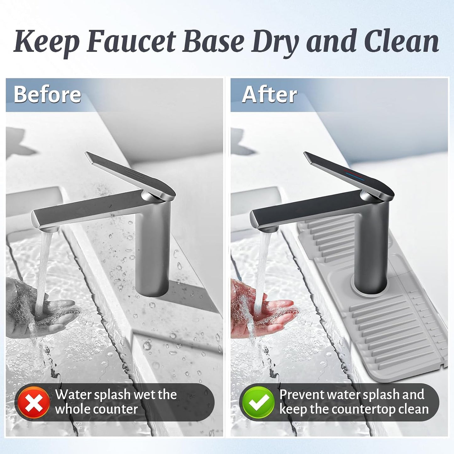PoYang 24 Inch Faucet Mat for Kitchen Sink Splash Guard, Silicone, Black | Sink Protectors with 7° Slope for Smooth Drainage, Snap Button Holds It in Place, 90° Foldable & Cuttable Hole Fit Most Sinks
