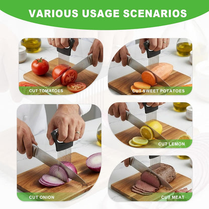 Onion Slice Holder, Stainless Steel Onion Holder for Slicing with Protective Case,Chopper Slicing Assistant Tool for Meat, Onion, Potato, Tomato,Lemon - Kitchen Gadgets (1 Pack)