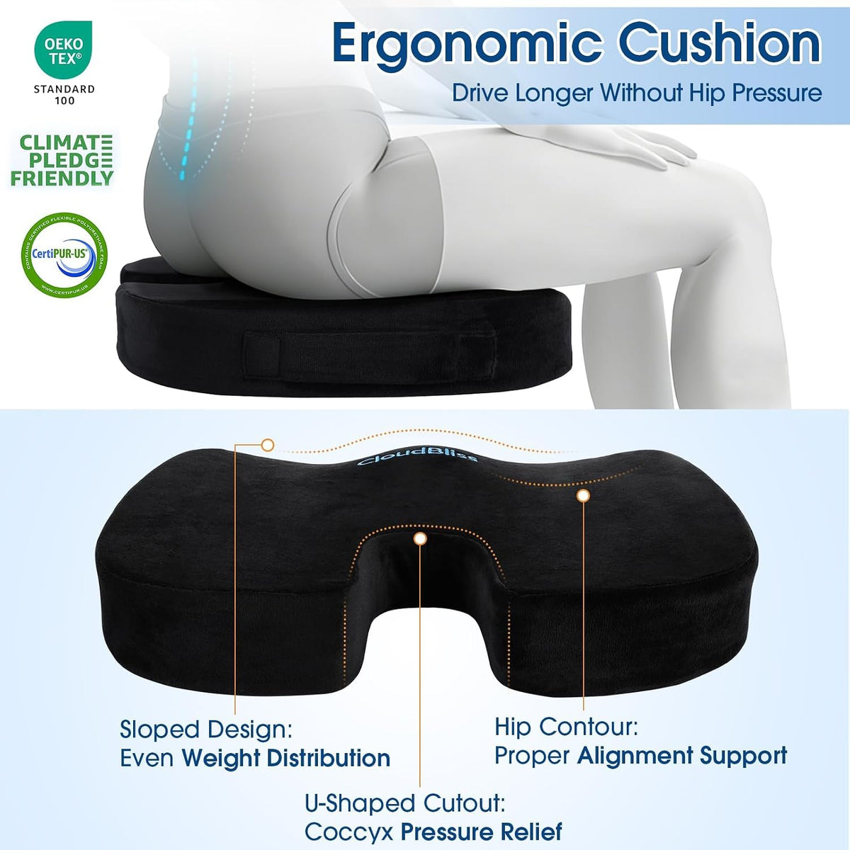 CloudBliss Ergonomic Seat Cushion & Lumbar Support Pillow Set, Black,Large