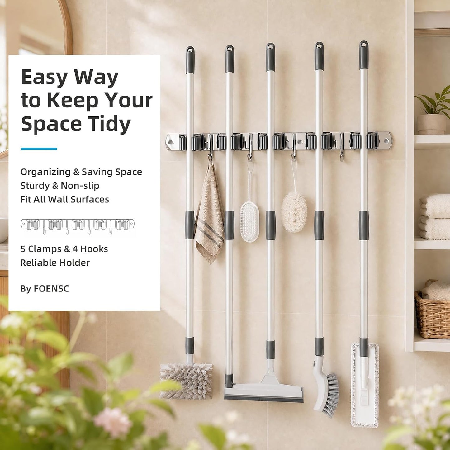 Foensc 5 Racks and 4 Hooks Mop and Broom Holder Wall Mount, Improved Non-Slip Broom Hanger Wall Mount, Self Adhesive Broom Organizer Storage Tool Racks for Home Kitchen Garden Laundry Garage
