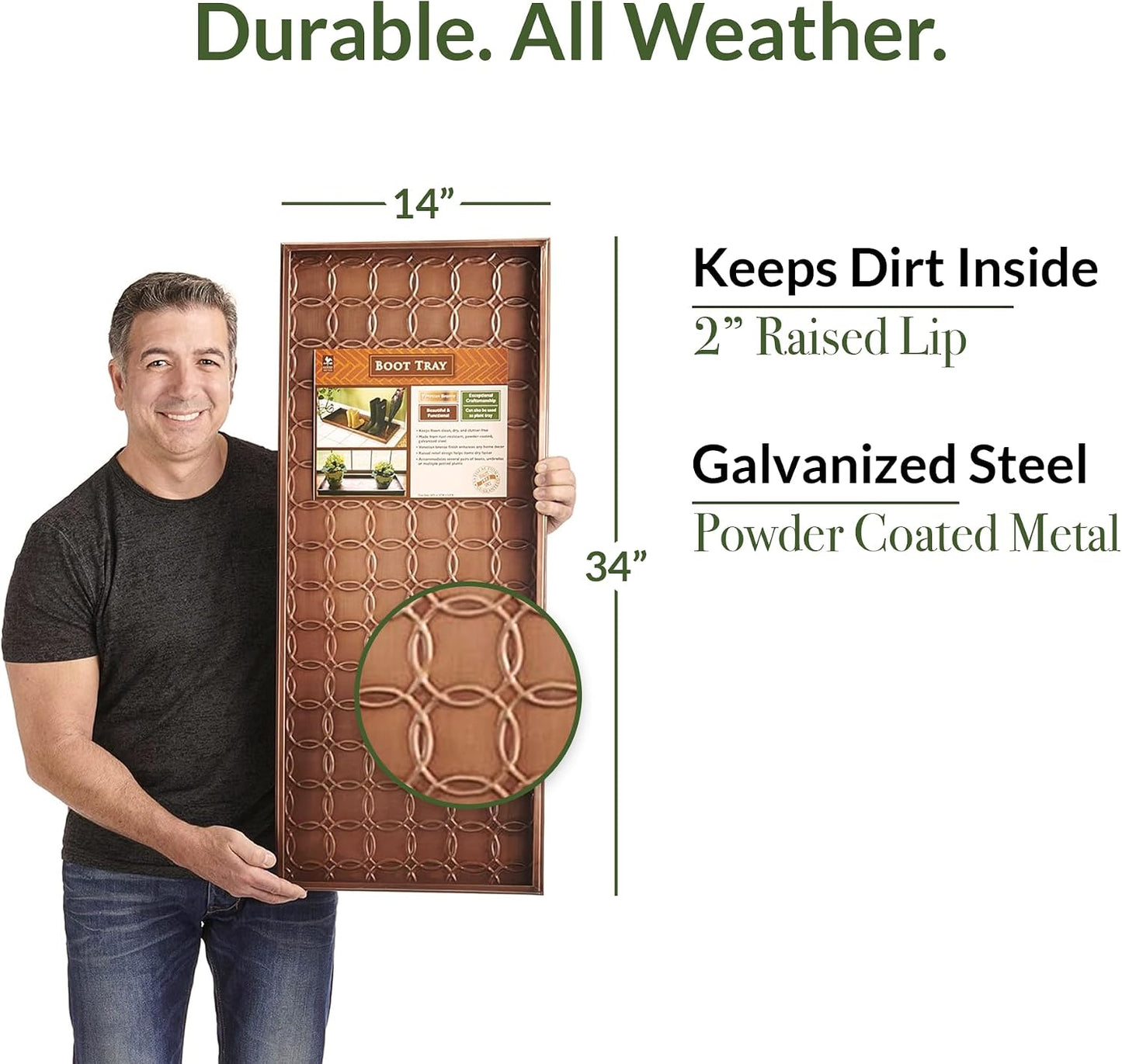 Good Directions Large Boot Tray, Classic Multi-Purpose All Weather Decorative Boot Tray, Shoes, Plants, Garage, Patio Door, Pet Bowls, 34 inch Entry Indoor Shoe Tray, Brown Copper Finish