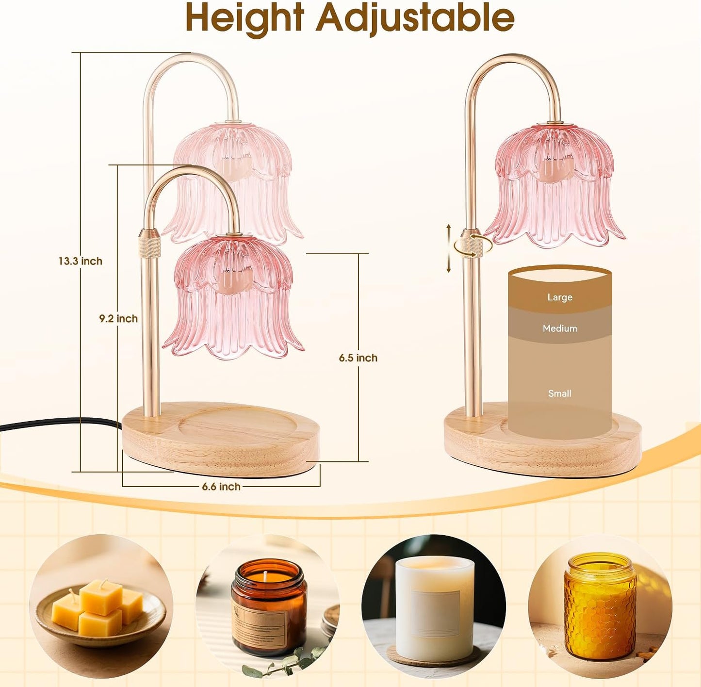 Candle Warmer Lamp Adjustable Timer - Electric Flower Glass Candles Light | Height Adjustable Dimmable Vintage Base Modern Wax Candles Jar Top Warmers Wax Melts Birthday Women Mom House Warming Gifts