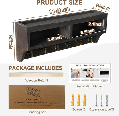Key Holder Wall Mount with Mail Organizer, 6 Hooks & Shelf, Brown | Wood Key Holder Wall Mount with 6 Key Hooks, Shelf & Storage Box and Mail Organizer for Entryway, Apartment, Home and Office