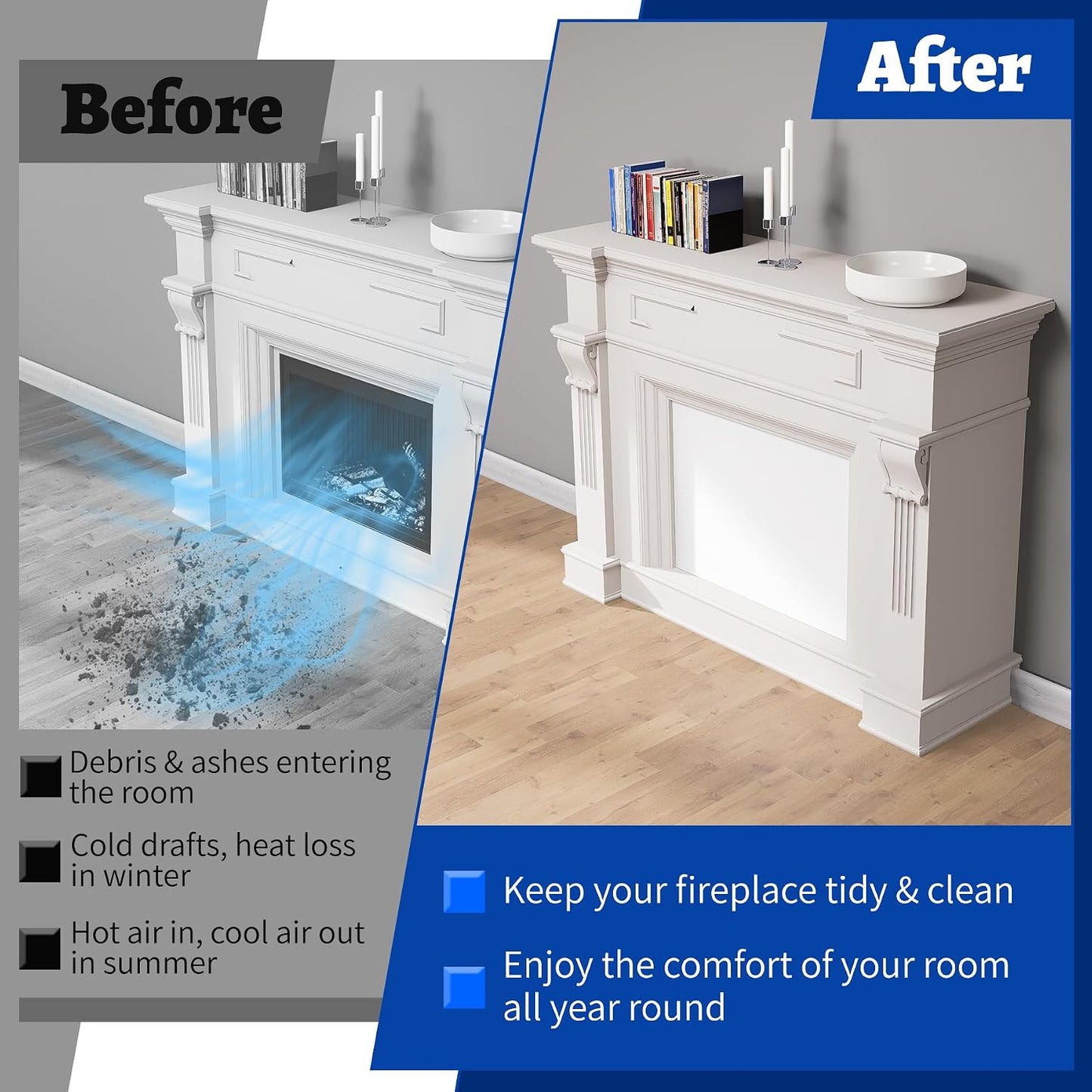 Fireplace Cover, 3-Layer Insulation Fireplace Draft Blocker with Strips, Inside Fireplace Draft Stopper Stops Heat Loss & Keep Drafts Out, Covers Up to 39" x 55" Fireplace, White Surface