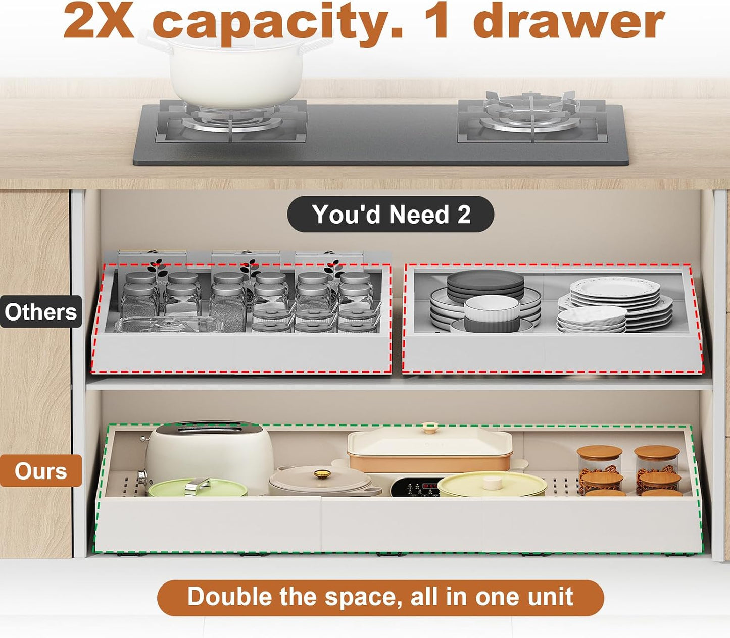 Fokyfok Pull Out Cabinet Organizer,23"-31"W,17"-24"D,Expandable,Adhesive | No Drill,5 Rails,Adjustable Slide out Drawers for Kitchen,Pantry,Roll out Shelves,Cabinets Without Lip,Framless,White,1PC