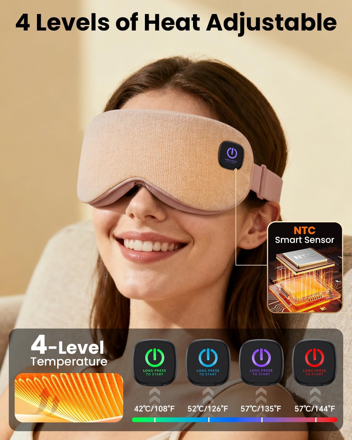 Cordless Heated Eye Mask, Rechargeable Mask with 4 Heat Levels for Dry Eyes
