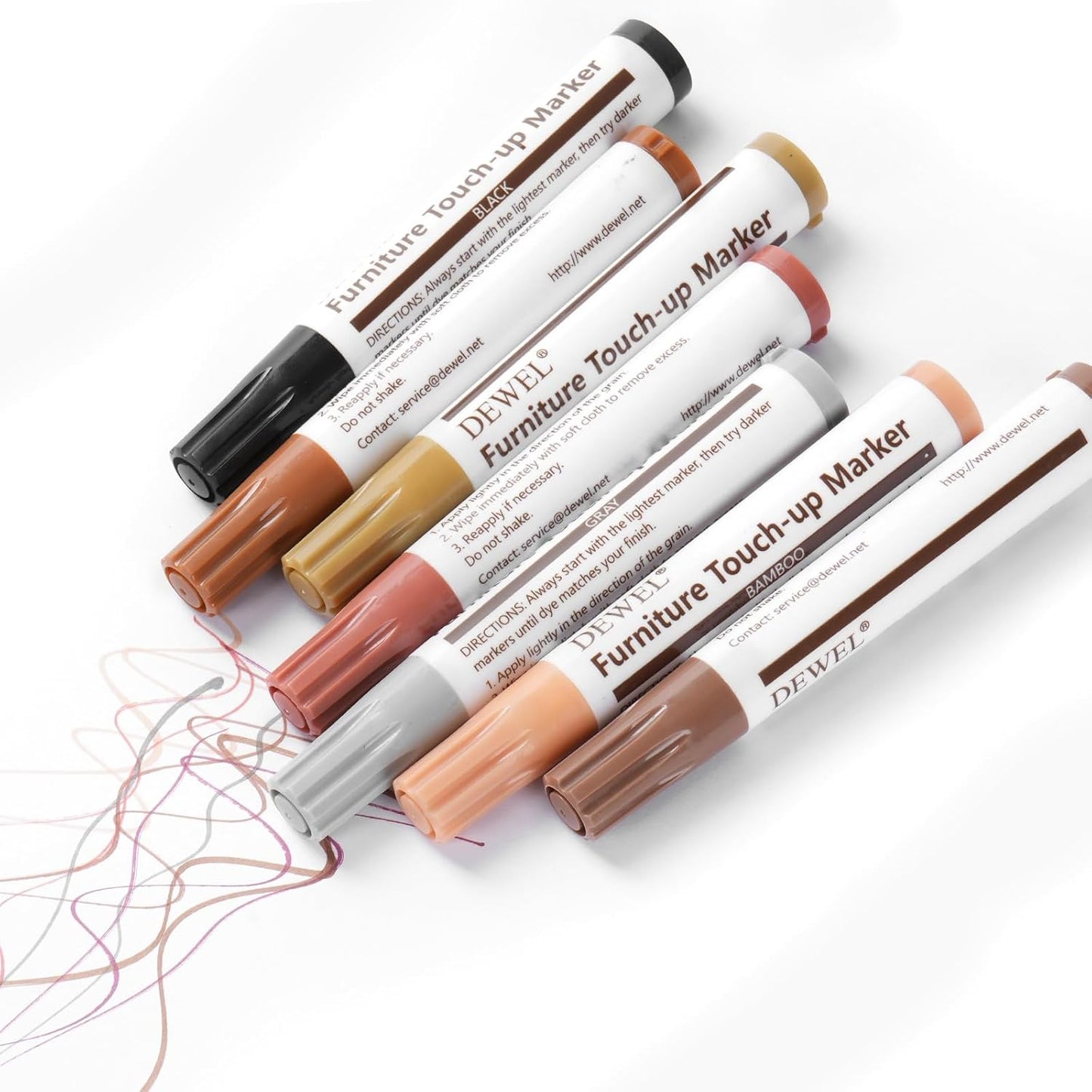 DEWEL Furniture Touch Up Markers, 17-Piece Wood Repair Kit with Wax Sticks | 8 Wood Touch Up Markers + 8 Wax Filler Sticks + Sharpener; Maple, Oak, Cherry, Walnut, Mahogany, White, Gray & Black