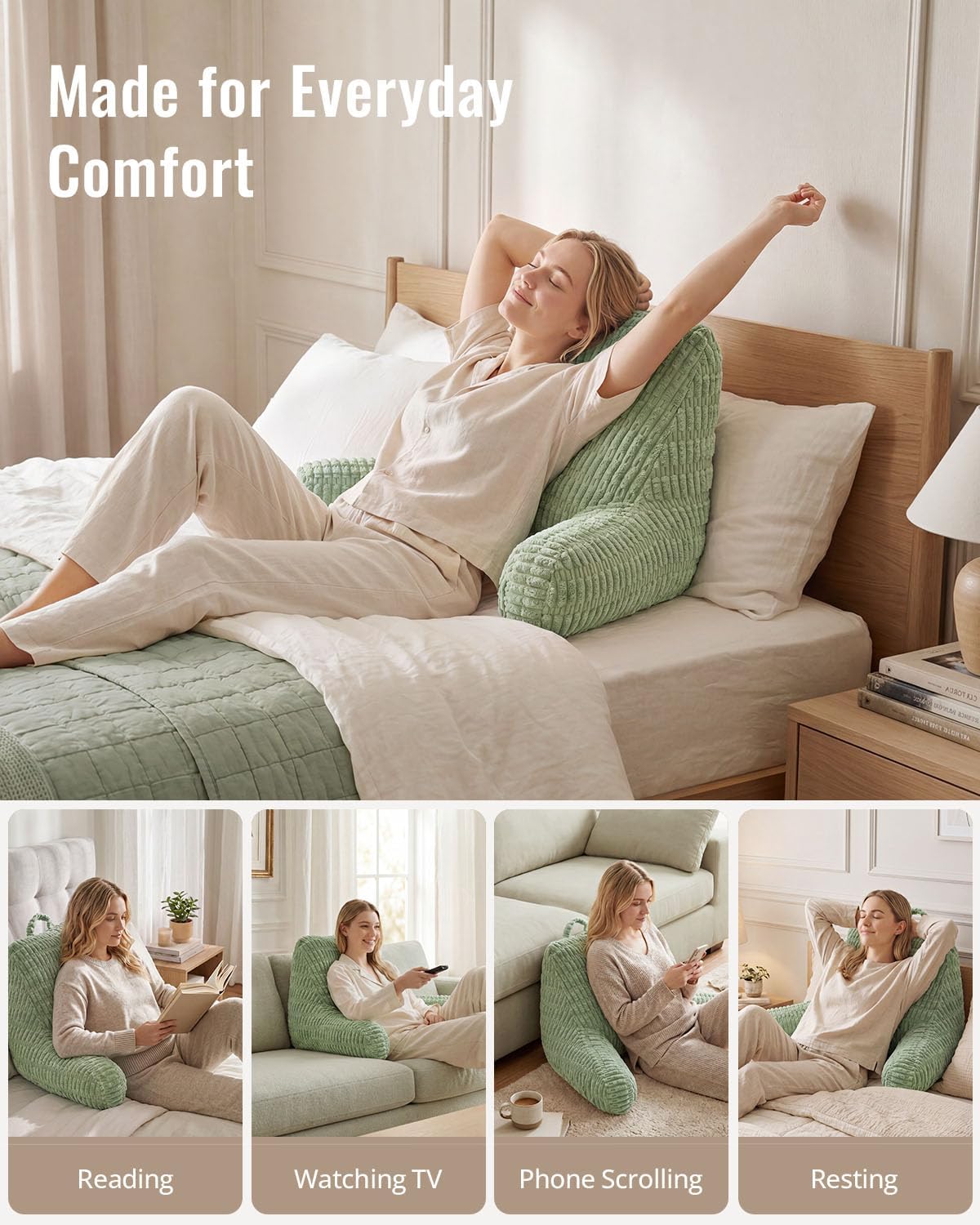 Blissful Diary Reading Pillow, Backrest Pillow with Shredded Memory Foam for Adult & Children, Designed for Bed and Couch Sitting Up, Includes Arms, Pockets and Washable Cover, Off White