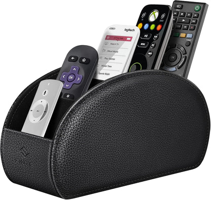FINTIE Remote Control Holder with 6 Compartments Vegan Leather | TV Remoter Caddy Desktop Makeup Brush Holder Storage, Fits TV Remotes, Media Controllers, Office Supplies, Black