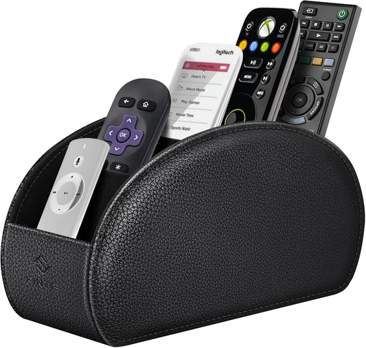 FINTIE Remote Control Holder with 6 Compartments Vegan Leather | TV Remoter Caddy Desktop Makeup Brush Holder Storage, Fits TV Remotes, Media Controllers, Office Supplies, Black