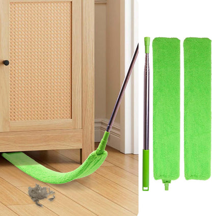 Flat Gap Dust Cleaner with Extendable Pole, Bafezoze Retractable Under Appliance Duster with 2 Washable Microfiber Pads, Slim Flexible Gap Mop for Cleaning Under Bed Sofa Cabinet Refrigerator Gray