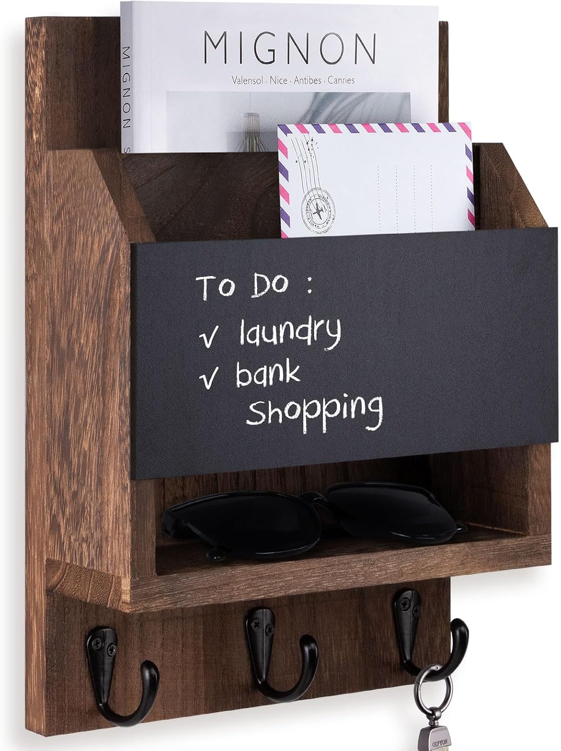 Key and Mail Holder for Wall with Chalkboard and Long Storage Box | Key Holder, Key Hanger with 3 Sturdy Hooks for Coat, Dog Leash, Entryway Mail Organizer