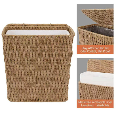 Coeusy 3 Gallon Wicker Trash Can,Small Bathroom Trash Can with Lid,Natural Water Hyacinth Wicker Waste Basket for Bedroom,Toilet,Narrow Garbage Can with Removable Liner