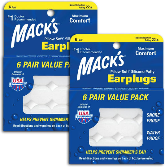 Mack's Pillow Soft Silicone Earplugs - 6 Pair (Pack of 2), Value Pack – The Original Moldable Silicone Putty Ear Plugs for Sleeping, Snoring, Swimming, Travel, Concerts and Studying