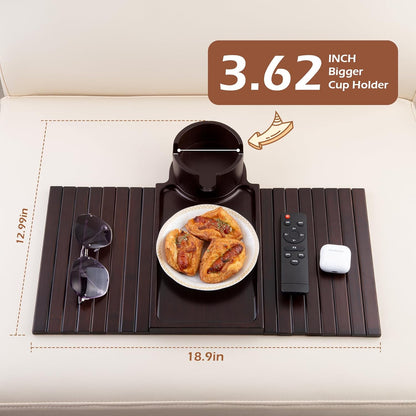 GHKINMAL Couch Cup Holder Tray, 3 in 1 Couch Arm Trays,Large Bamboo Chair Arm Rest Tray with 360° Cup Holder,Removable Anti-Slip Organizer for Snack Eating