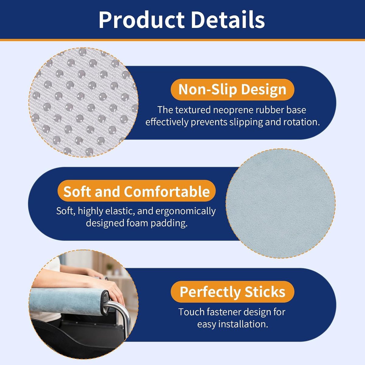 Wheelchair Armrest Covers (Pair)-Memory Foam Wheelchair armrest Pads Wicking Washable Non Slip Arm Rest Cover Cushion Pad for wheelchairs Office Chairs armchairs (Blue-Gray)
