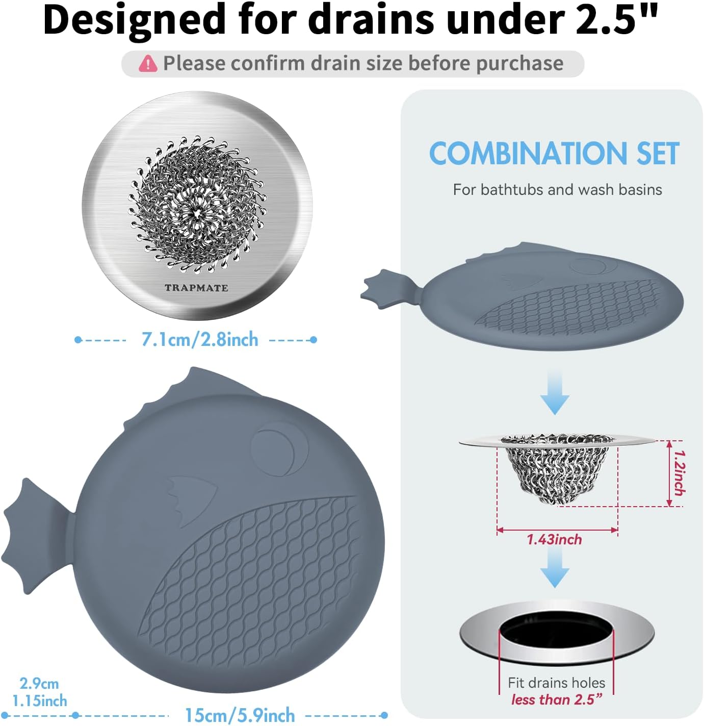 TRAPMATE Shower Drain Hair Catcher, 2.8" Bathtub Stopper Drain Strainer Kit | Easy Clean, Anti-Clogging, Fast Drainage, Anti-Slip, Reversible, No Rust, For Bathtub & Shower Drains, Small Size, Patented
