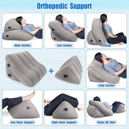 SAHEYER Inflatable Bed Wedge Pillow Set, 2 PCS Post Surgery Support Pillow for Back, Knees, Leg Pain Relief, Adjustable Sitting Pillows for Anti Snoring, Heartburn, GERD Sleeping (Grey)