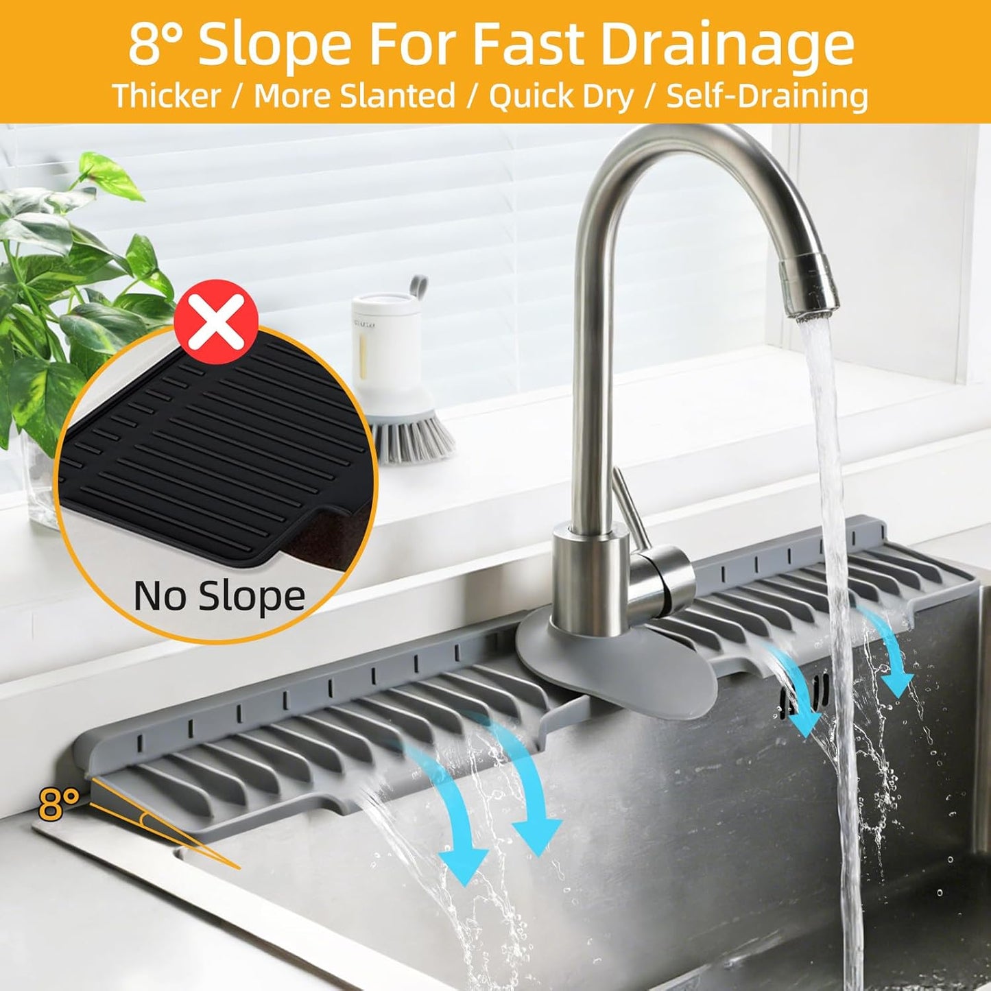24" Silicone Sink Mat for Kitchen(Released in 2026), Beige | 8° Slope for Quick Self-draining, Sink Splash Guard Behind the Faucet, Narrow Water Splash Guard, for Kitchen&Bathroom Area