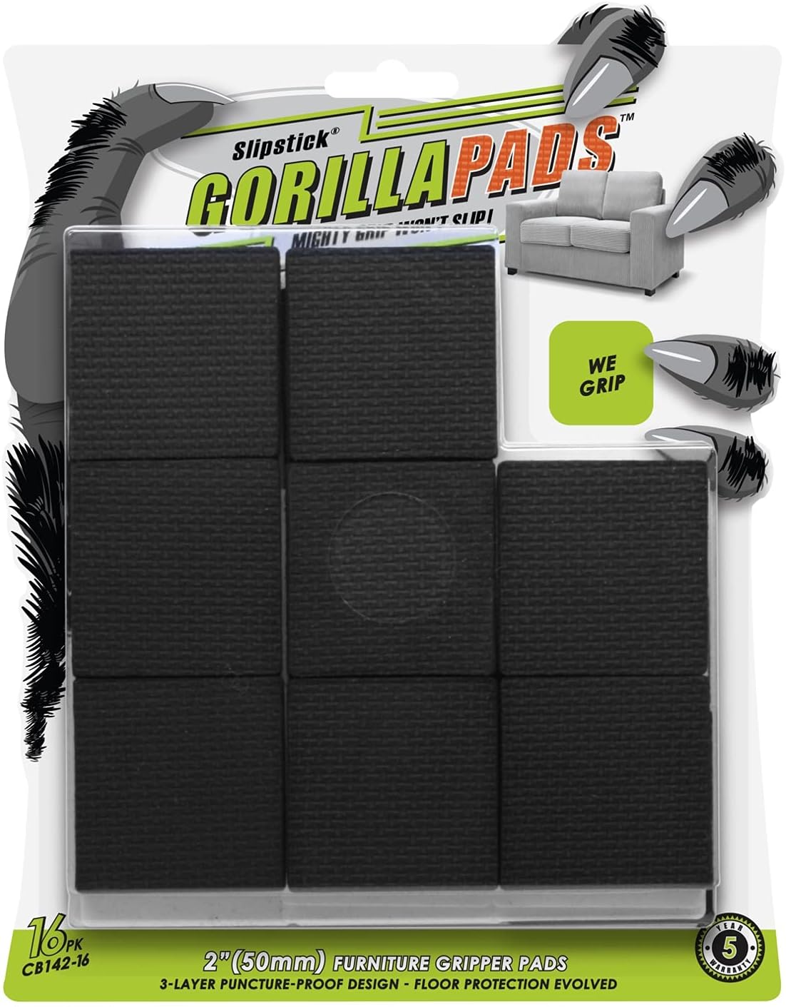 Slipstick GorillaPads CB144 Non Slip Furniture Pads/Grippers (Set of 8) Furniture Feet Floor Protectors, 2 Inch Round, Black