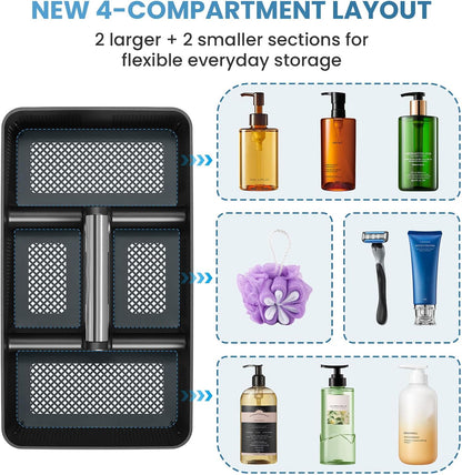 BYUNER Portable Cleaning & Shower Caddy with Handle: Rigid Plastic Basket with 4 Divided Compartments, All-Side Drainage for College Dorm, Bathroom & Utility Use, Black/Gold