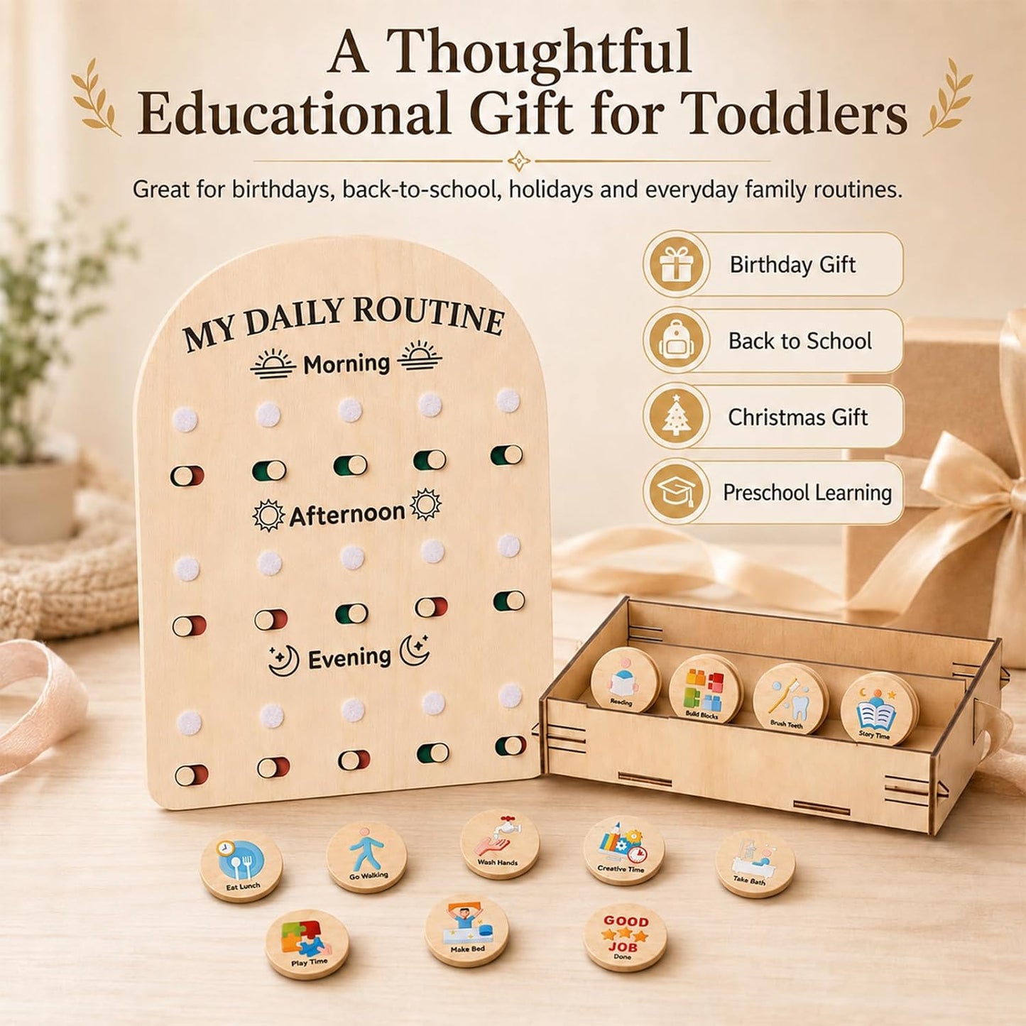 My Daily Routine Chart for Kids with Sliding Checklist – Wooden Visual Schedule Board for 3-5 Years Toddlers, Morning Afternoon Bedtime Activity Chore Chart for Independence Self Discipline