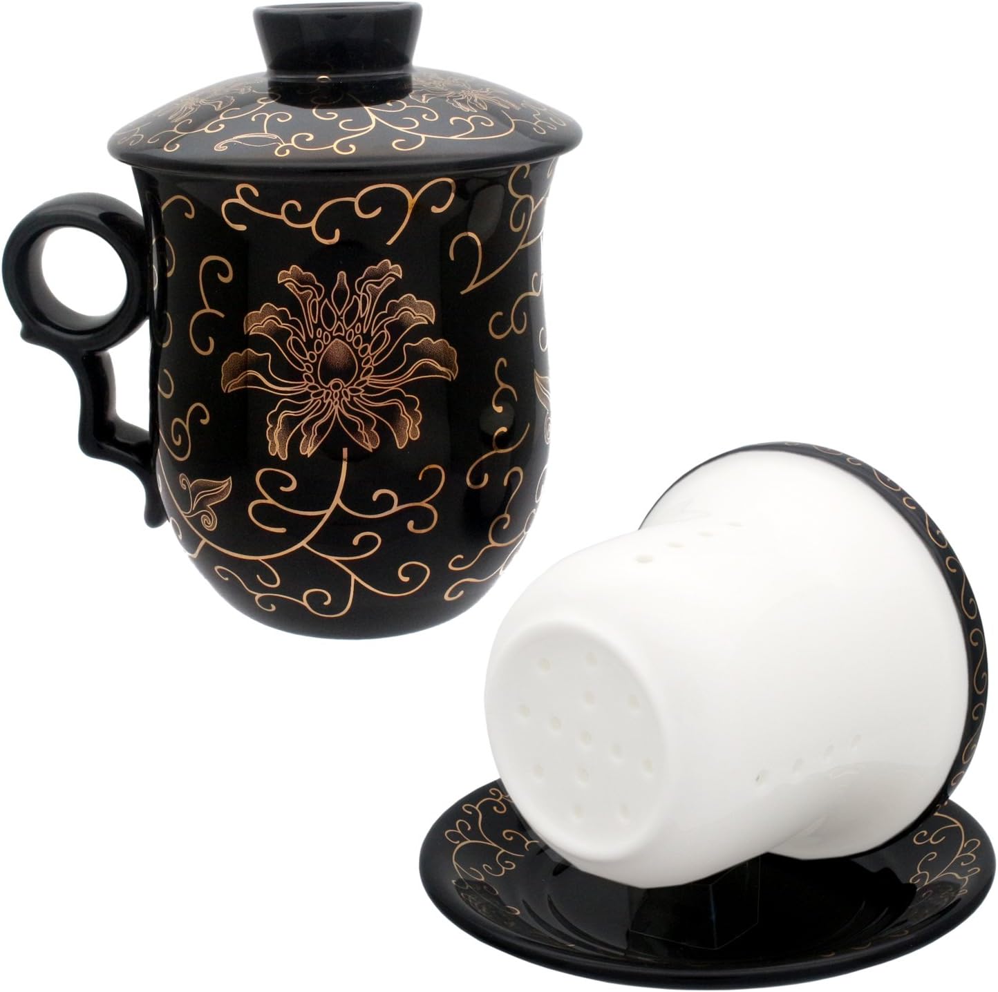 Porcelain Tea Cup with Infuser Lid and Saucer Sets - Chinese Jingdezhen Ceramics Coffee Mug Teacup Loose Leaf Tea Brewing System for Home Office