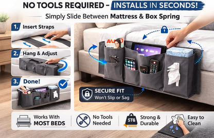 Dependable Industries inc. Essentials Bedside Caddy Organizer 5 Pocket Hanging Bed Storage Pouch for Couch Dorm Bunk Bed Platform Bed, Remote Phone Tablet Tissue Holder, Oxford Fabric, Gray