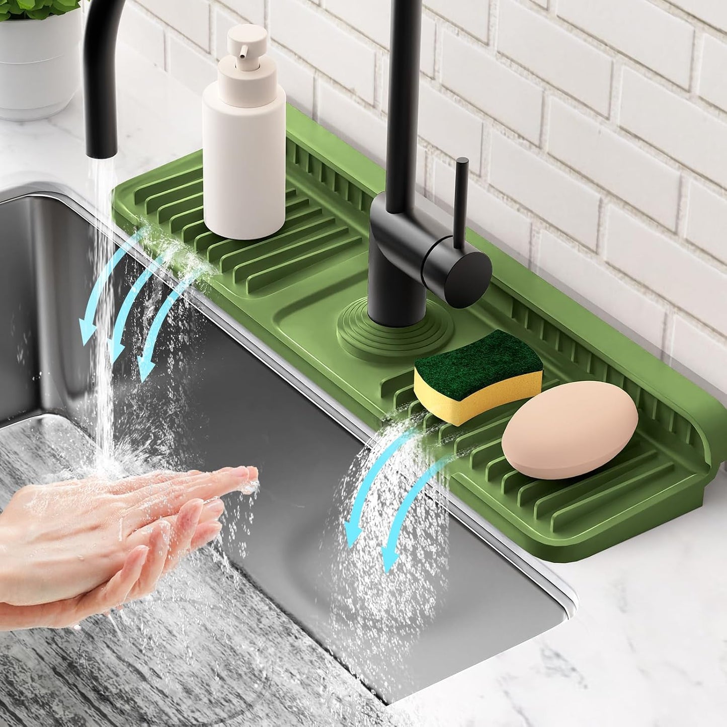 24'' Longer Faucet Mat for Kitchen Sink Splash Guard[7° Slope Fast Self-draining][Snap Lock Fit]Kitchen Sink Faucet Mat Splash Guard Kitchen Sink Area Water Splash Guard Behind Faucet Draining Mat