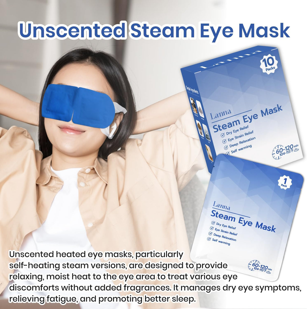 LANNA Heated Steam Eye Mask, Disposable 120 Minutes, Lavender Scent, 5 Pcs