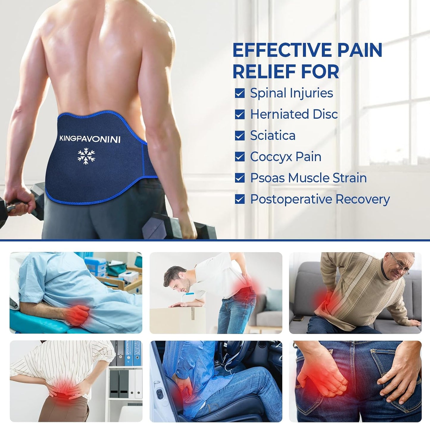 KingPavonini Extra Large Ice Pack for Back Pain Relief, 2 Gel Packs, Blue | 35-Min Long-Lasting & Instant Pain Relief, Leakproof Back Ice Pack, Extension Strap, Hot Cold Therapy, Skin-Safe Lycra Fabric