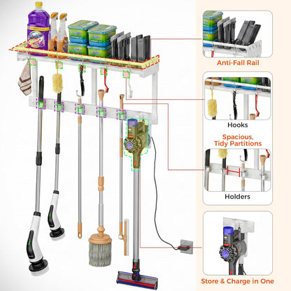 Broom Holder Wall Mount with Shelf, Black, L | 3 in 1 Broom and Mop Organizer, Wall Hanging, For Laundry, Garage, Utility, Vacuum Stand Alternative