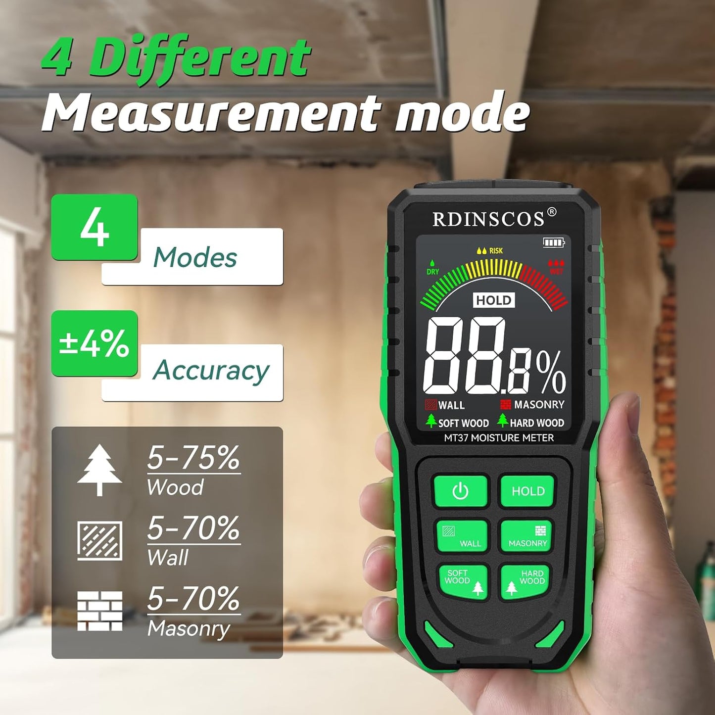Pinless Moisture Meter for Wall,Floor – Digital Moisture Tester | With 3-Color LCD Display, Audible Alarm & HOLD Function, Ideal for Home Inspections