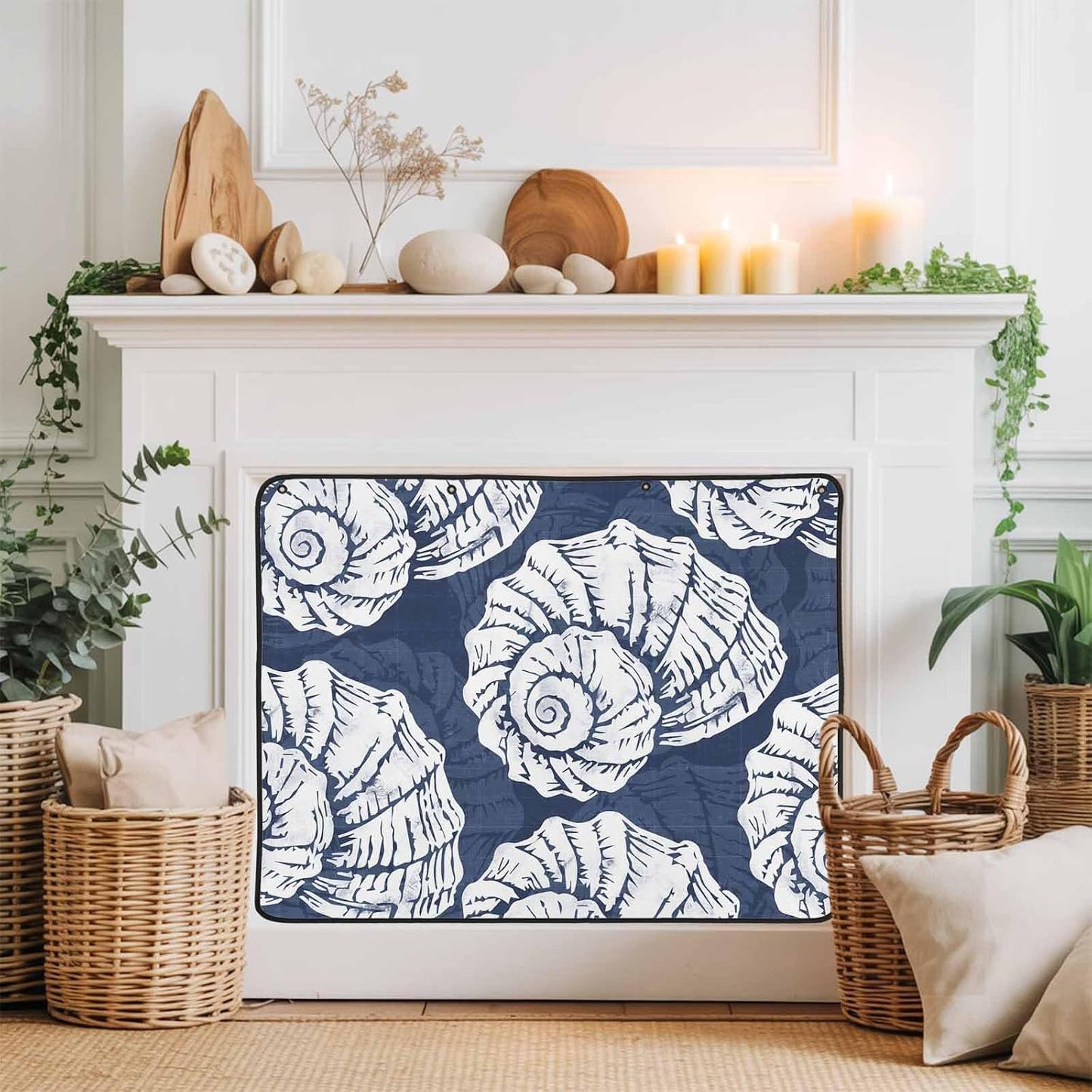 Magnetic Fireplace Cover Navy Blue Coastal Shells Fireplace Screen Decorative Ocean Conch Marine Life Insulation Fireplace Blocker Save Energy Fireplace Draft Stopper Covers for Living Room 36x30 Inch