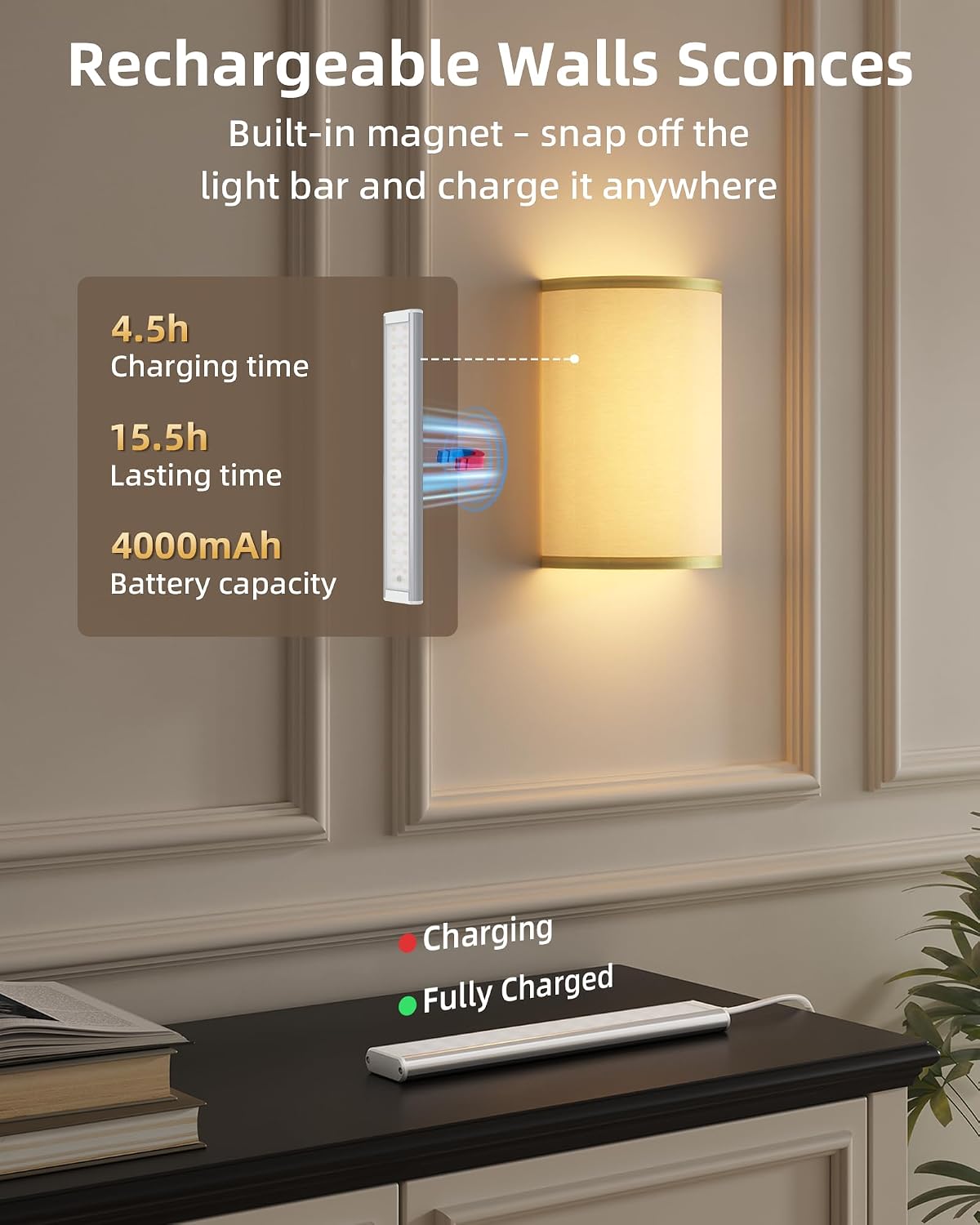 EZVALO Battery Operated Wall Sconce, Rechargeable Wall Sconces Set of Two with Remote, Peel and Stick Wireless Wall Lights, 3 Color & 80 RGB, Dimmable, Timer, Fabric Linen Wall Mount Lamp for Bedroom