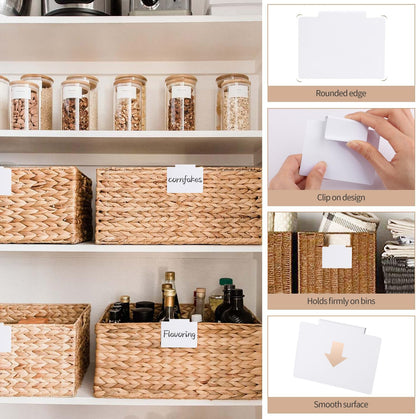 13Pcs White Clip-On Basket Labels Set with Chalk Marker, Reusable Pantry Bin Labels for Kitchen, Closet & Storage Organization