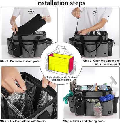 Large Cleaning Caddy Bag Built-in hard plastic sheet Aluminum foil lining | Waterproof nylon, aluminum foil lining, detachable dividers, dual straps for housekeepers