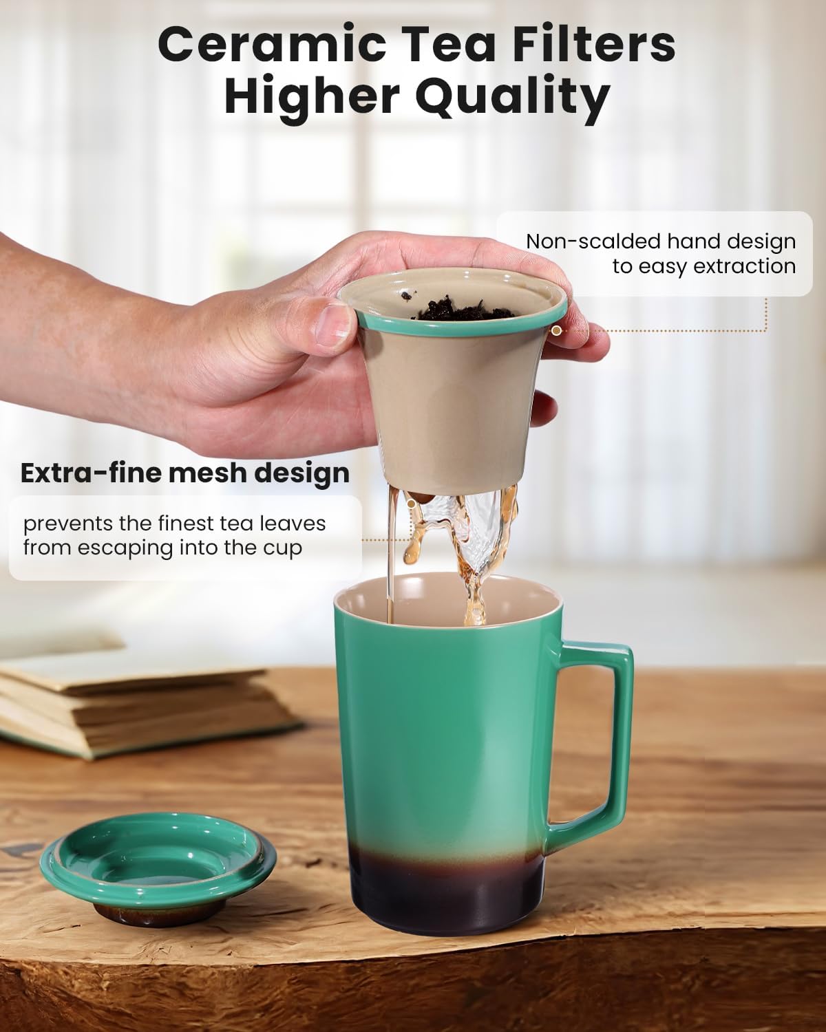 15 oz Ceramic Tea Infuser Cup with Lid - Tea Mug with All Porcelain Strainer for Loose Leaf Teas,Microwave and Dishwasher Safe,Metal-Free,BPA-Free for Tea Lovers/Birthday (Black)